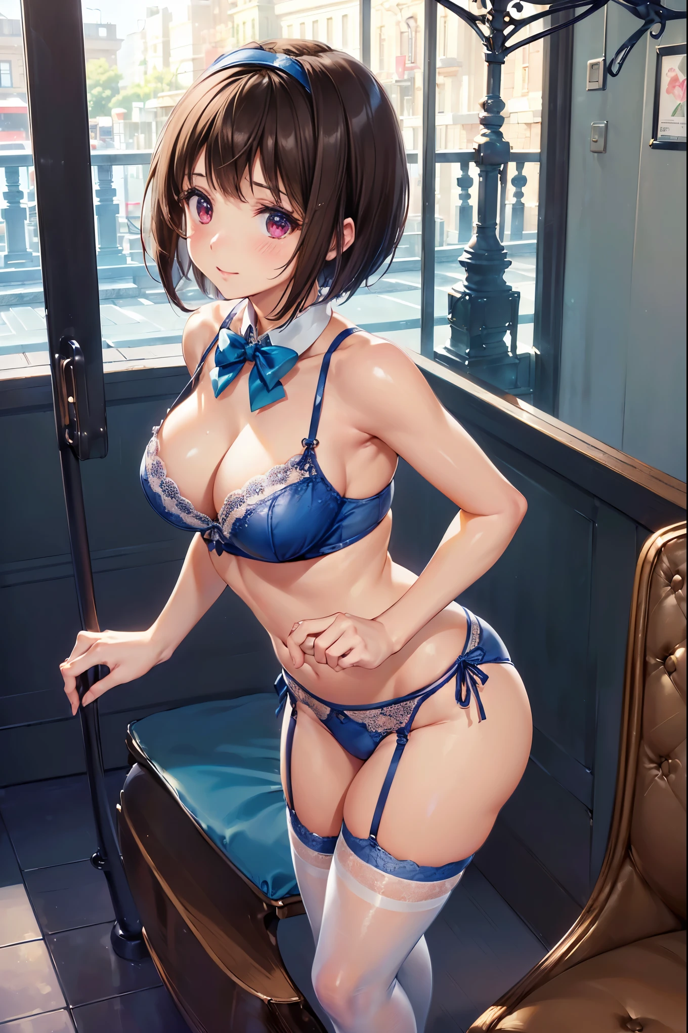 (((masterpiece, Highest quality, High resolution, 超High resolution, Pixel perfect, Written boundary depth, 4K, RTTX10.0))), Beautiful Anime Woman, Beautiful art style, Anime characters, ((Smooth texture, Realistic texture, Anime CG style)), Perfect and accurate finger counting、Exact number of legs、(Exact number of arms:1.0, Exact number of hands:1.0), (Perfect hands, Perfect Anatomy), Cinematic, Realistic, Highly detailed CG, Daytime lighting, Perfect lighting, Best Shadow, The best natural light, whole body, Perfect body, バランのとれたPerfect body, Perfectly balanced style, Slender body, ((bangs, Dark brown hair, Bobcut)), ((A cute adult woman is standing facing this way:1.8)), ((Bow tie around neck:1.3), (Sexy and cute blue underwear:1.3), (Stylish shiny blue satin panties, Side tie panties, The center is plain blue、Panties with lace side decoration:1.3), (Thin panties:1.3), (Blue Micro Lace Satin Bra, A blue bra with lace trim around the edges, Thin bra:1.3), (lace garter belt, Garter string, Knee socks:1.3):1.4), (Beautiful big boobs:1.1), (Embarrassed expression:1.7), blush, (Stylish restaurant, Many visitors in the background, Crowded store, The tables and chairs are full of male customers., Many men sitting at tables and chairs, The attention men give to her:1.7), naked, In underwear, (White large frilly headband:1.2), Angle from the front, Nakaseko Kaori