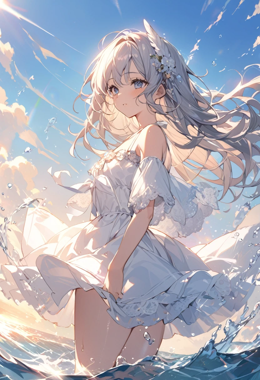 Attention to detail, Super Detail, Ultra-high resolution, An angel having a good time in the ocean of dreams, The morning sun behind the girl,The morning sun shining down on her, The background is the sea,The morning sun shines in from the right side of the sea.,The girl is playing in the sea,Water splashes on a girl playing,Delicate face, Add a fantastical atmosphere
