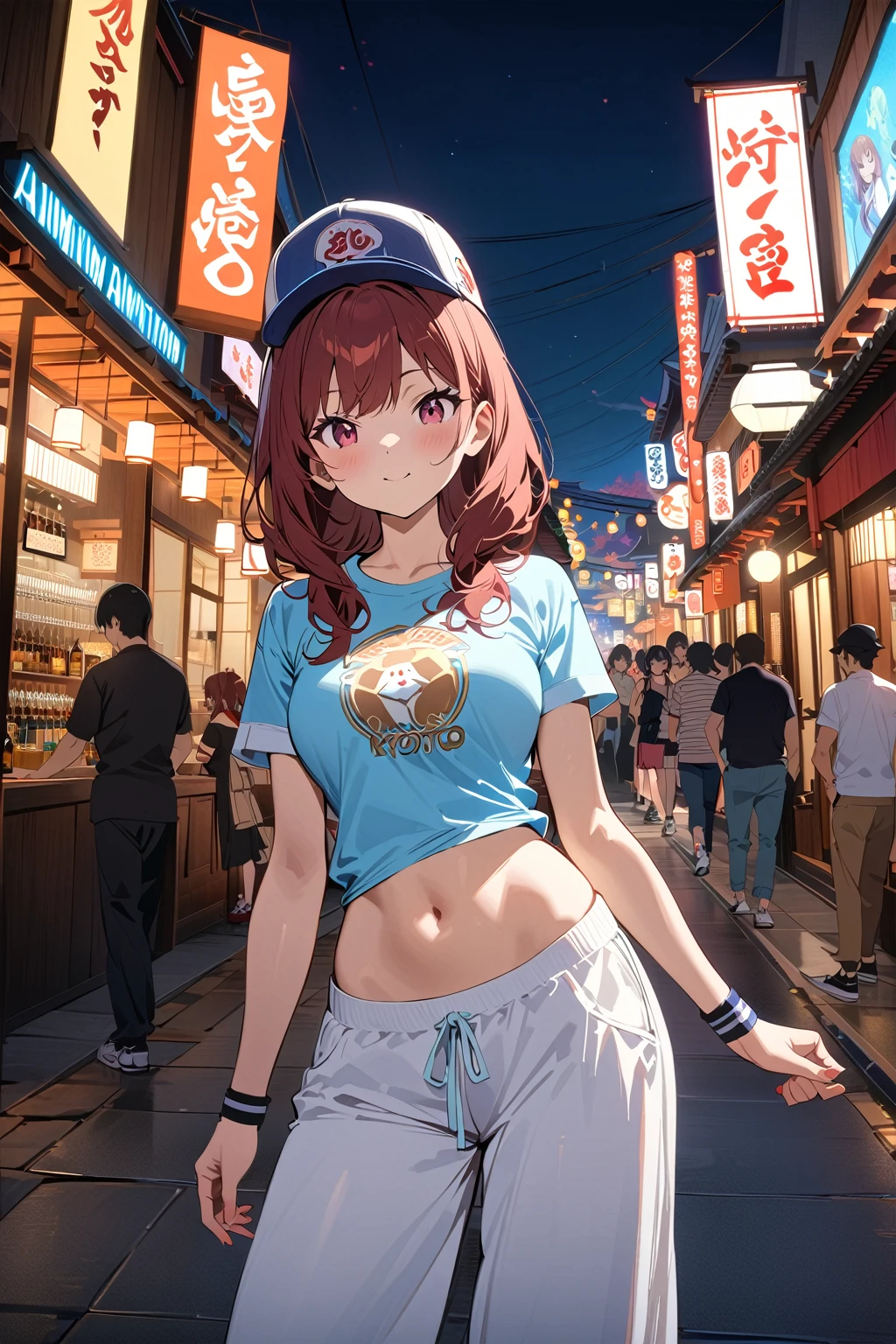 (masterpiece, best quality:1.5), (ultra detailed, high resolution, 8k, beautiful detailed, UHD, best anatomy), Auburn hair, medium breasts, 1 cute girl, night, Streets of Las Vegas, (Kyoto Animation Style Character:2), T-shirts, Baggy Pants, Sneakers, Cap, Accessories, wristband, bare navel