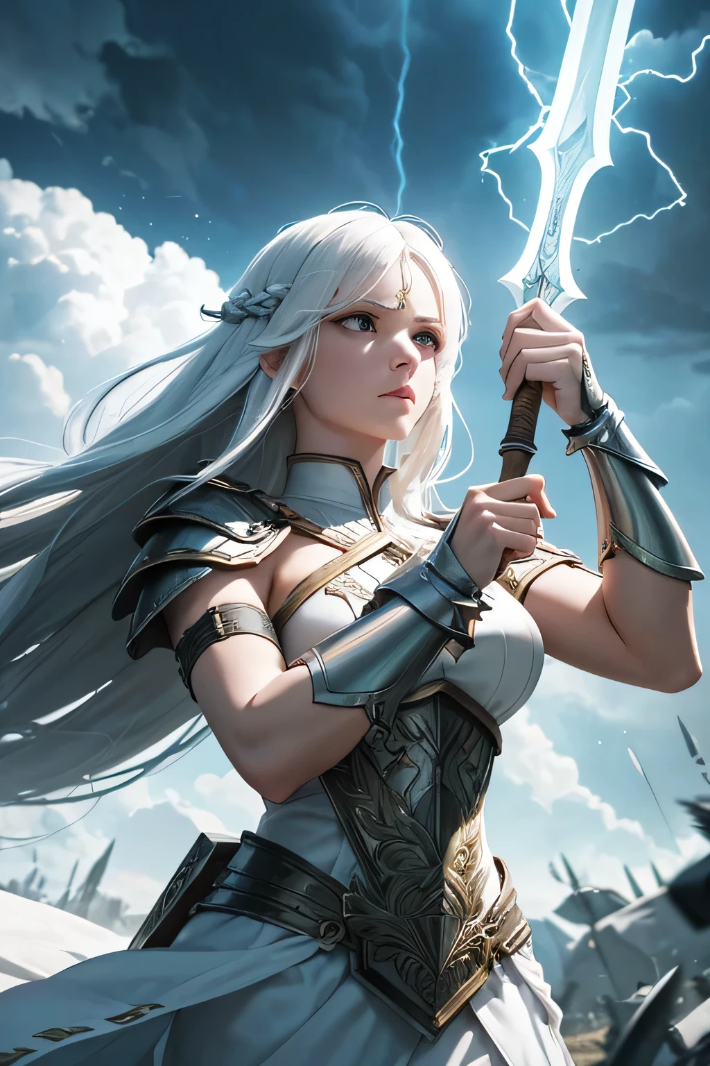 A long white-haired Valkyrie clad in gleaming armor stands courageously on a divine battlefield. The background is illuminated by flashes of lightning, highlighting the intensity of the fierce combat surrounding her. She wields a powerful spear, her gaze fierce and determined as she leads the charge against formidable foes. The sky is a bright blue, contrasting with the dark storm clouds, creating a dramatic daytime scene,(((upper body)))
