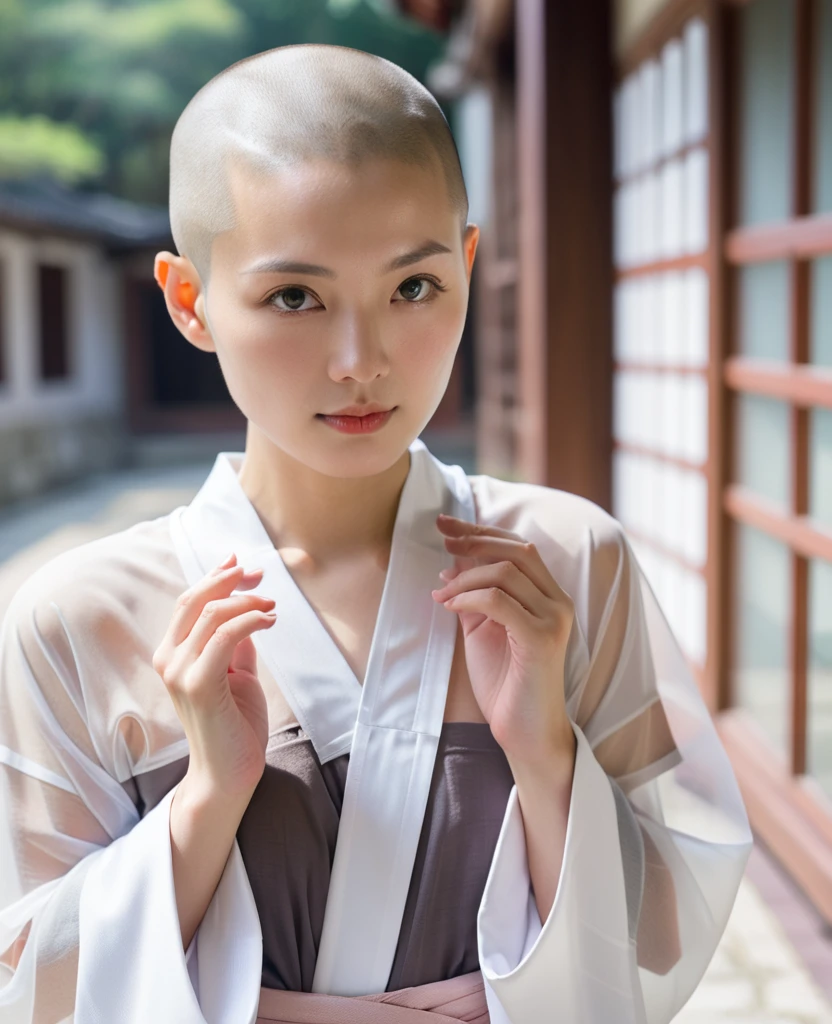Japanese nun in a transparent robe、monastery、Shaved hair、Shaved Head、Touching the body