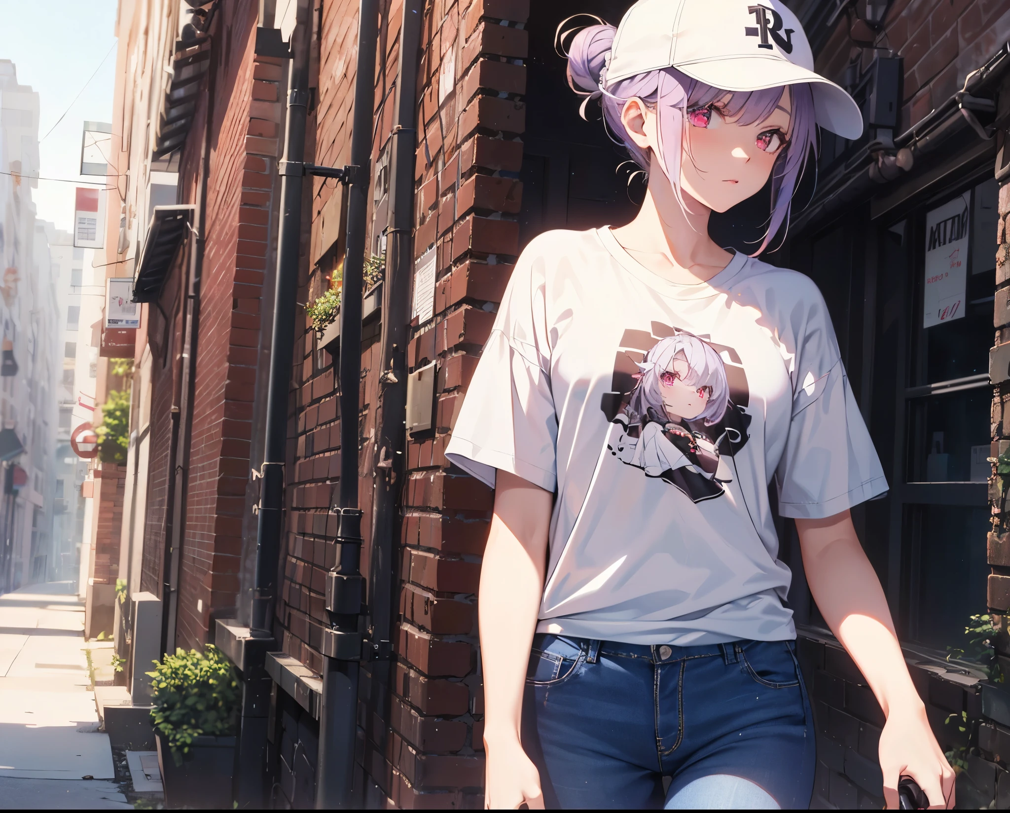 (Close-up:1.3),Realistic,Highest quality, Super detailed, High-quality CG rendering, The most delicate and beautiful, Floating softly, High resolution, (1 girl), (Highest quality,4K,8k,masterpiece:1.2), Light purple hair,(Hair in a bun:1.5),Red eyes,(Pure white oversized short sleeve T-shirt:1.3),(Black skinny jeans:1.3),(Pure white baseball cap:1.3),In the city,old buildings,Narrow back alley