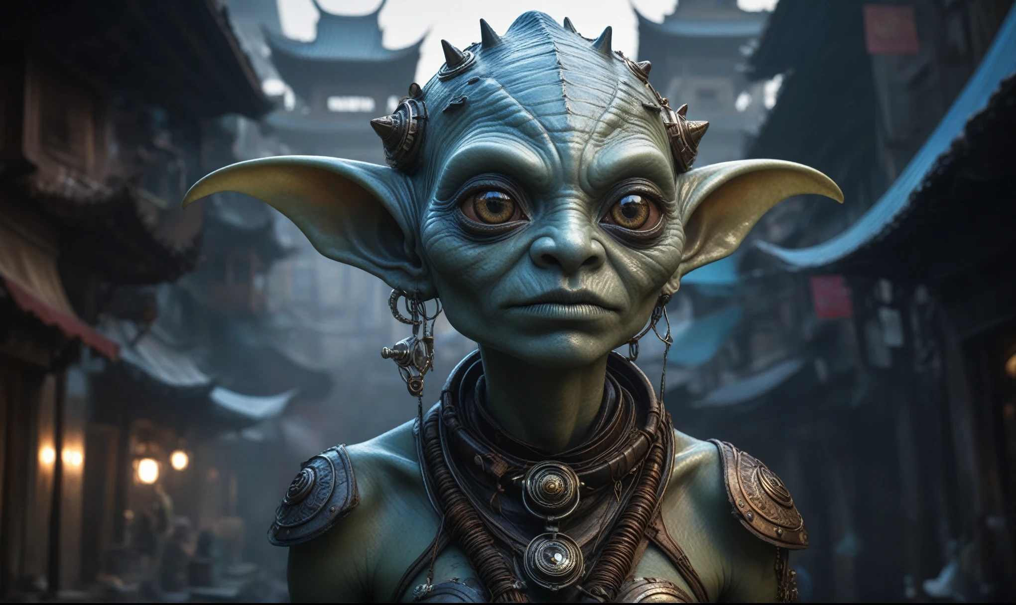 full body shot,beggar deep niobium paladium The Alien Entity,native italian babychild, wants eat,survival in criminal city of future, Technicolor,natural skin textures, hyper realism, hyper detailed,Extremely detailed,High contrast,Masterpiece,Realistic,Ultra Detailed, intricate details,realistic humid leather,extremly intricate,Epic Realistic, cinematic style,irina yermolova,high contrast,hdr,extremely detailed, deep night landscape,masterpiece,intricate details,faded,eyes extremely detailed, high detailed eyes,8k resolution,RAW,retina, Nikon Z9,China,baby orc, Guangxi Zhuang of China,tkt style,ears perfect, Elf，transition between two art styles, Ink painting to photorealism, Double contact, X-ray, Creative, vivid light, masterpiece, fantasy, Abstract, Surrealism, super detailed, high resolution, stop:35;(((creature with a spectral and ghostly appearance)). Her skin is pale, almost translucent,ancient rock paintings of the first people,sharkfish's leather,In a vibrant and mesmerizing artwork, a hot air soars through the layers of clouds, revealing a colossal and enigmatic cityscape nestled within. The buildings in this ethereal city are adorned with intricate details and exude an aura of mystery. Above the cityscape,  lend an enchanting touch to the scene. steampunk. The intricate mechanics create a sense of wonder and fascination, as if stepping into a dreamlike realism