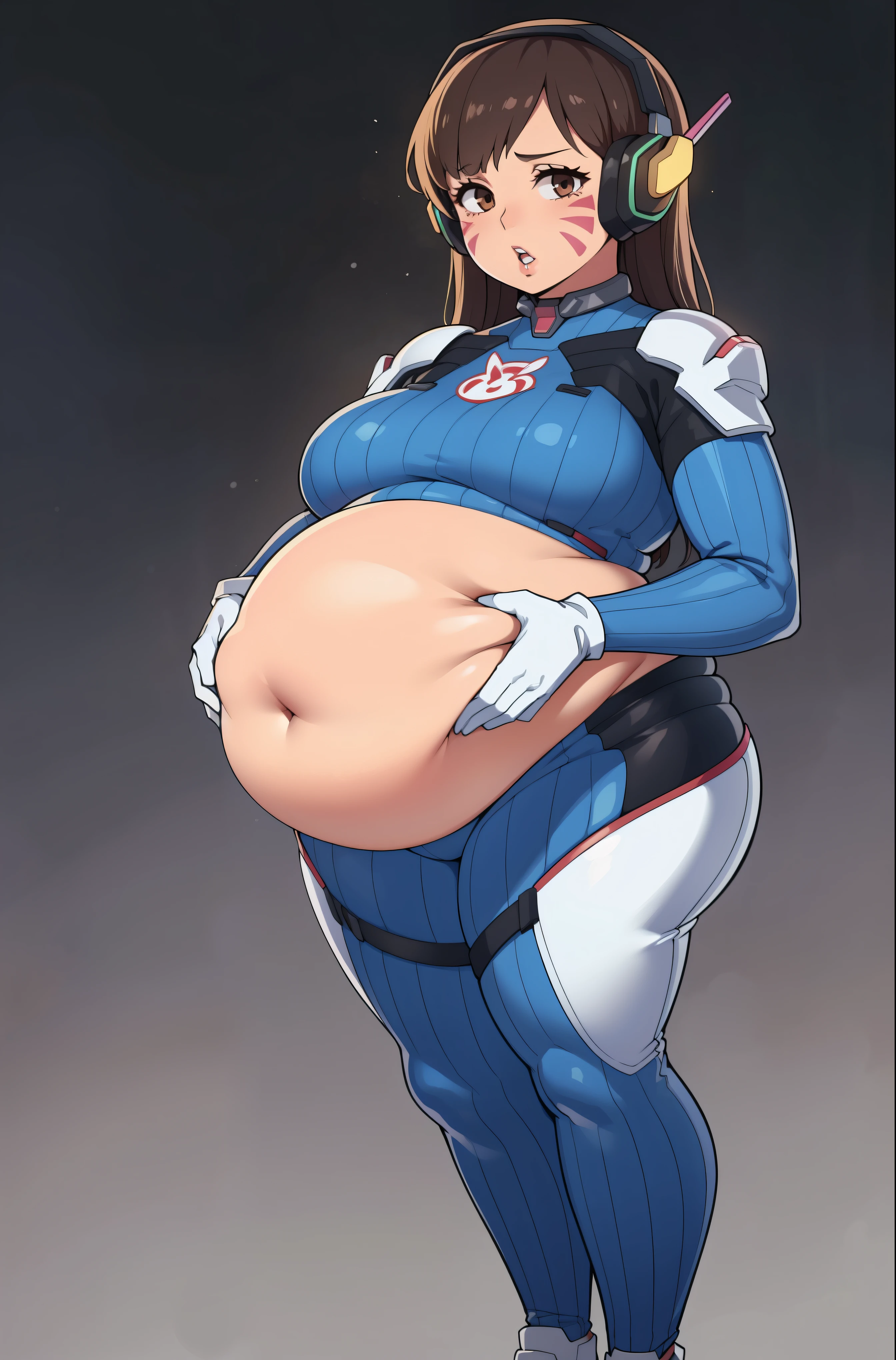 Fully,Exposed belly, Mouth wide open, mouth open, parted lips, Burping, mouth open, winking, hands on belly, holding belly, bloated, bloated Belly, pregnant, tight belly, Full body, standing still, 1girl, 18 years old,, looking at viewer, parted lips, long hair, brown hair, headphones, whisker markings, shoulder pads, blue bodysuit, ribbed bodysuit, animal print, clothes writing, long sleeves, white gloves, medium breasts, simple dark background