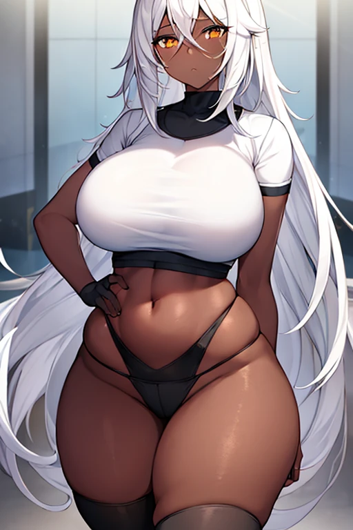 1girl, dark skin, black skin, dark-skinned female, white hair, long hair, large breasts, wide hips, thick thighs, shirt, sportswear, shy, sports bra, hourglass figure, mature female, skin tight, tight clothes