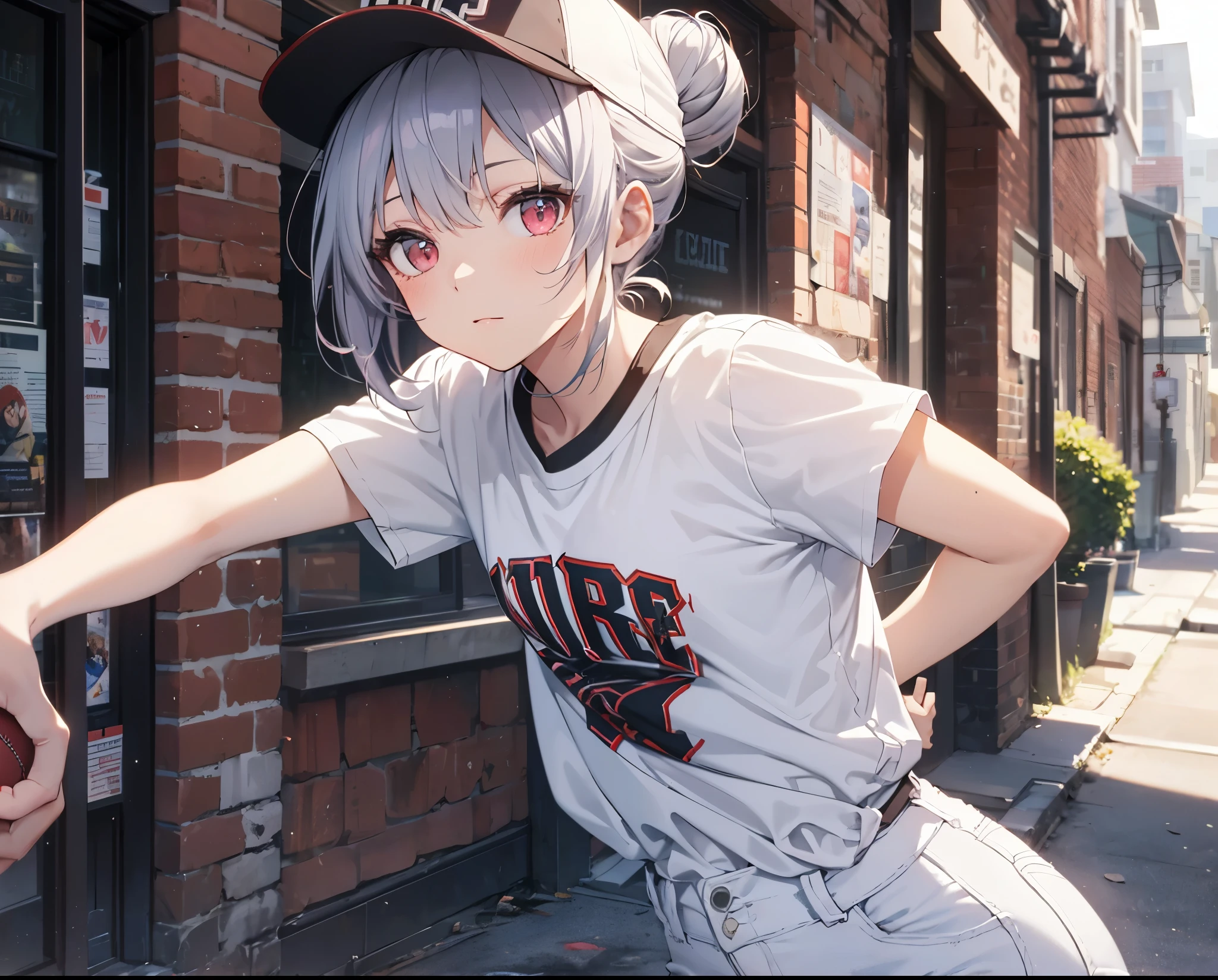 (Close-up:1.3),Realistic,Highest quality, Super detailed, High-quality CG rendering, The most delicate and beautiful, Floating softly, High resolution, (1 girl), (Highest quality,4K,8k,masterpiece:1.2), Light purple hair,(Hair in a bun:1.5),Red eyes,(Pure white oversized short sleeve T-shirt:1.3),(Black skinny jeans:1.3),(Pure white baseball cap:1.3),In the city,old buildings,Narrow back alley