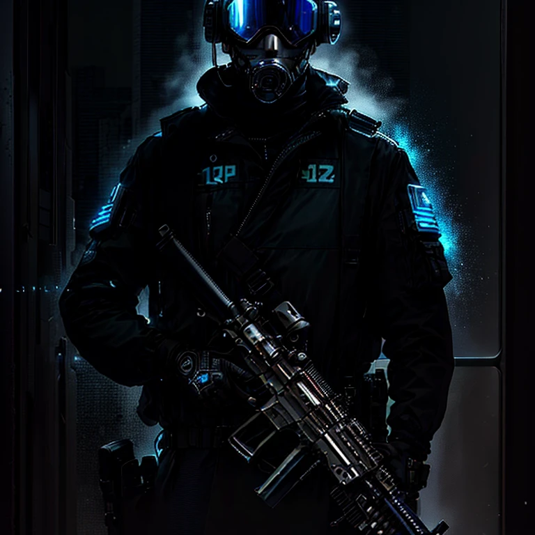 homme arafé dans un masque à gaz et des lunettes tenant un fusil, soldat cyberpunk, masque d'airsoft à lentille bleue, cyberpunk Vêtements technologiques, opérateur de néon, militaire impériale cyberpunk, Masque Spec Ops, cyberpunk))), Vêtements technologiques, futuristic Vêtements technologiques, future Vêtements technologiques, a un style cyberpunk, lunettes de vision nocturne, Vêtements technologiques occultist, sécurité des forces spéciales, Vêtements technologiques fashion