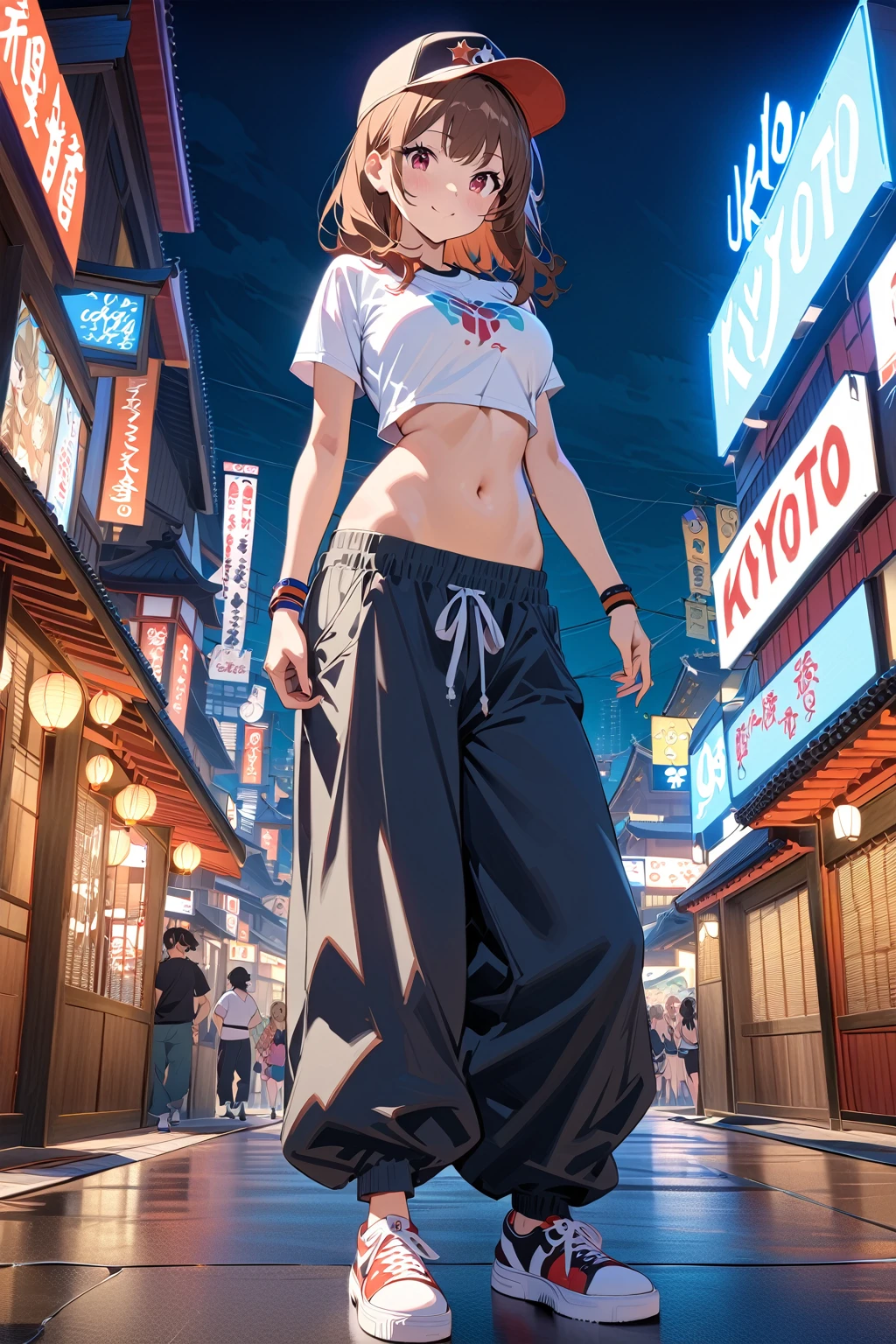 (masterpiece, best quality:1.5), (ultra detailed, high resolution, 8k, beautiful detailed, UHD, best anatomy), Chestnut hair, medium breasts, 1 cute girl, night, Streets of Las Vegas, (Kyoto Animation Style Character:2), T-shirts, Baggy Pants, Sneakers, Cap, Accessories, wristband, bare navel