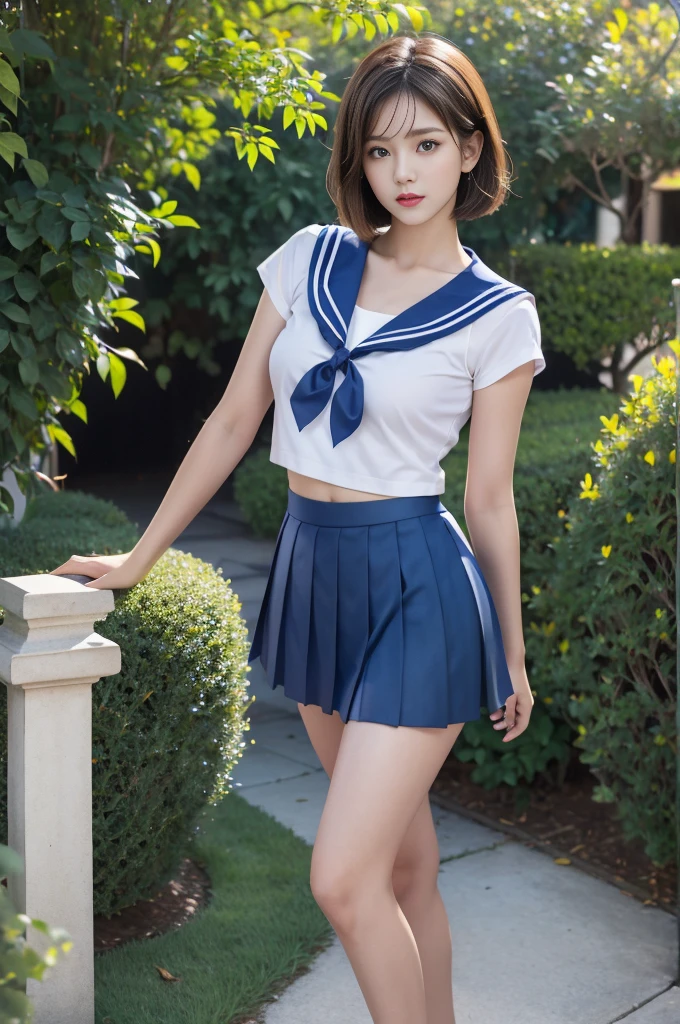 ((RAW photo), absurd, (absurdresolution)), Young woman, 21 years old, the most beautiful, (beautiful look, honey eyes, perfect sharp pupil, realistic), (with straight brown hair and loose short bob cut), ((blue pleated short skirt, white short shirt, sexy sailor suit)), handbag, raised arm, (standing sexy pose, very pretty, walking, leg slightly turned, looking at the camera), wide garden path, English posts, bright, intense colors, captivating woman, high sensuality,