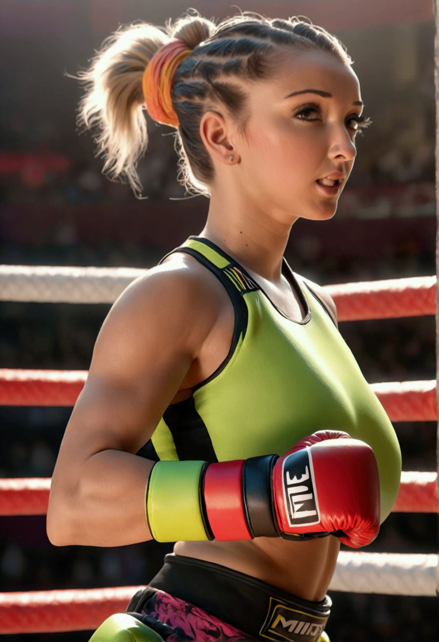 a beautiful young woman, athletic, with her hair tied up in a tight bun, wearing brightly colored MMA fighting gear, standing in an octagon fighting ring, viewed from a low angle outside the ring, masterpiece, (best quality, 4k, 8k, highres, ultra-detailed, realistic, photorealistic:1.37), professional studio lighting, physically-based rendering, extremely detailed description, vivid colors, sharp focus, octagon MMA fighting ring, athletic woman MMA fighter, tight bun hairstyle, colorful MMA outfit, low angle outside the ring, dynamic action pose