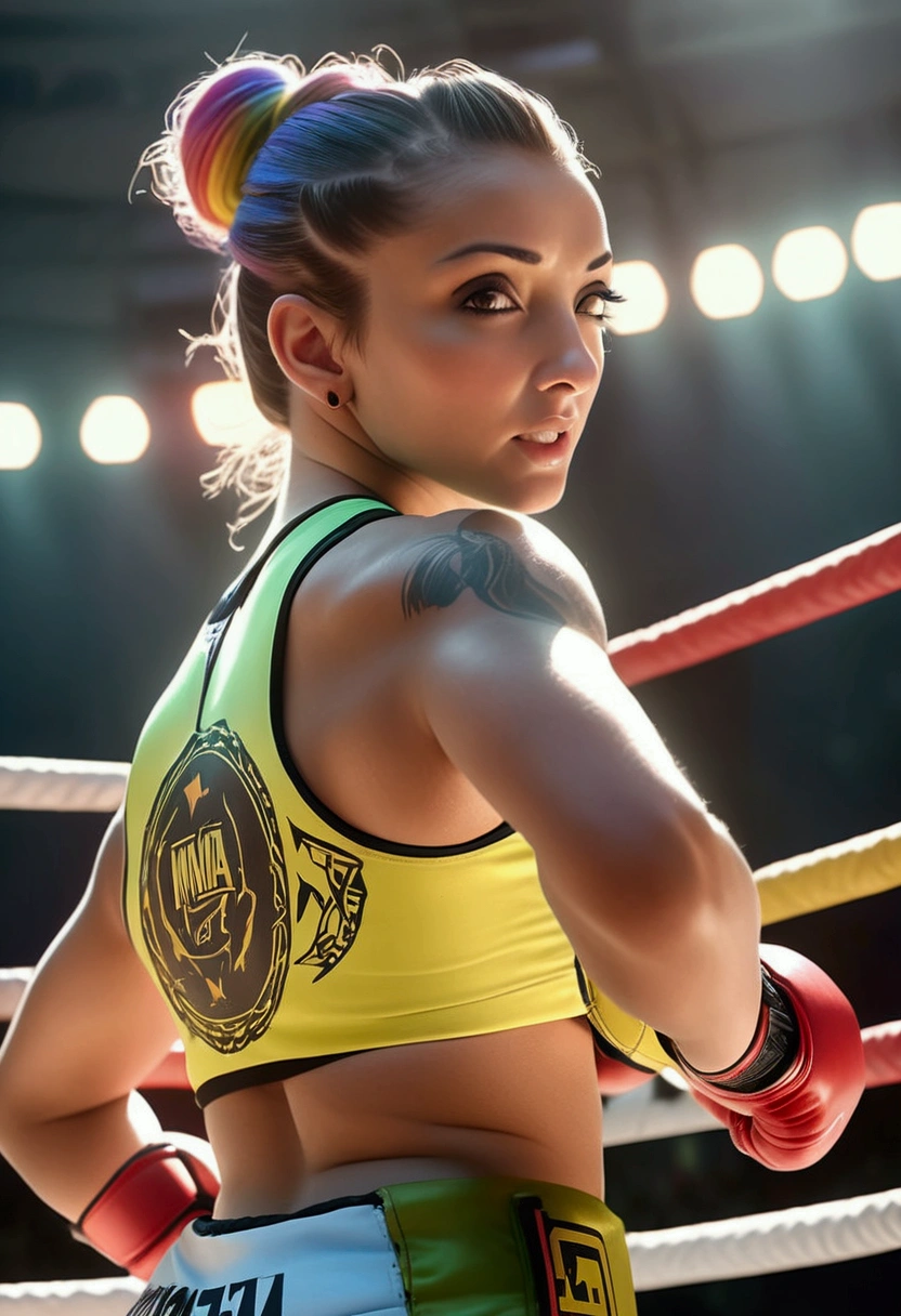 a beautiful young woman, athletic, with her hair tied up in a tight bun, wearing brightly colored MMA fighting gear, standing in an octagon fighting ring, viewed from a low angle outside the ring, masterpiece, (best quality, 4k, 8k, highres, ultra-detailed, realistic, photorealistic:1.37), professional studio lighting, physically-based rendering, extremely detailed description, vivid colors, sharp focus, octagon MMA fighting ring, athletic woman MMA fighter, tight bun hairstyle, colorful MMA outfit, low angle outside the ring, dynamic action pose