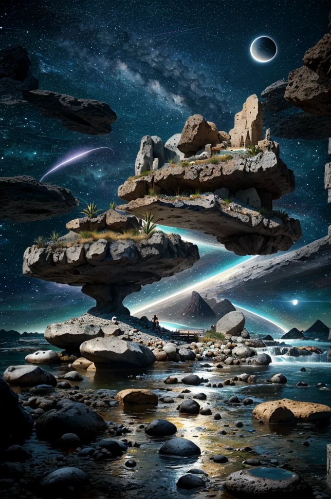 Abstract & Organic Shapes, Texturas, concrete, vidrio, piedras, Grandes rocas, piscina reflectante, (((A small bridge))), en el espacio, luna, jupiter, Organic sculptures in concrete with violet color, espacio exterior, milky way, Meteoritos, vulcano, Small river and lake, Modern, minimalist cottage on the edge, An illustration in collage style, con rocas gigantes, Brutalist construction sections, escalera, cacti, Agave, concrete texture, Multiple geometric shapes, Hatching & Cross Striping, Planeta Saturno, vulcano, luna, Architectural-style construction by Luis Barragán