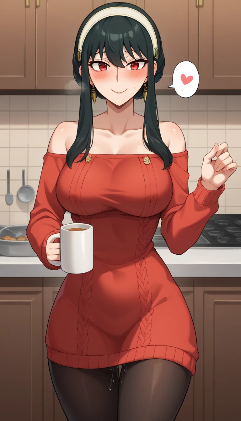 score_9, score_8_up, score_7_up, score_6_up,  kitchen,
BREAK
ExpressiveH,souce_explicit, 
BREAK
1girl,yor briar, black hair, red eyes, earrings, white hairband, hairband, sidelocks, elect nipple, breasts, seductive smile, happy, spoken heart,
bare shoulders, collarbone, dress, long sleeves, off shoulder, off-shoulder dress, off-shoulder sweater, pantyhose, red sweater, sweater, sweater dress, ,
tall, leggy, glistened skin, oiled skin, shiny skin, heavy breathing, wide hips, tight waist, thick thighs,
,
, pussy juice, pussy, walking,
, holding mug, milk in mug,