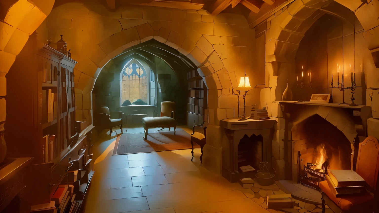 a pretty catle room full of medieval castle objects, a fireplace, book shelf, cahirs, a window in winter, fantasy castle, high resolution