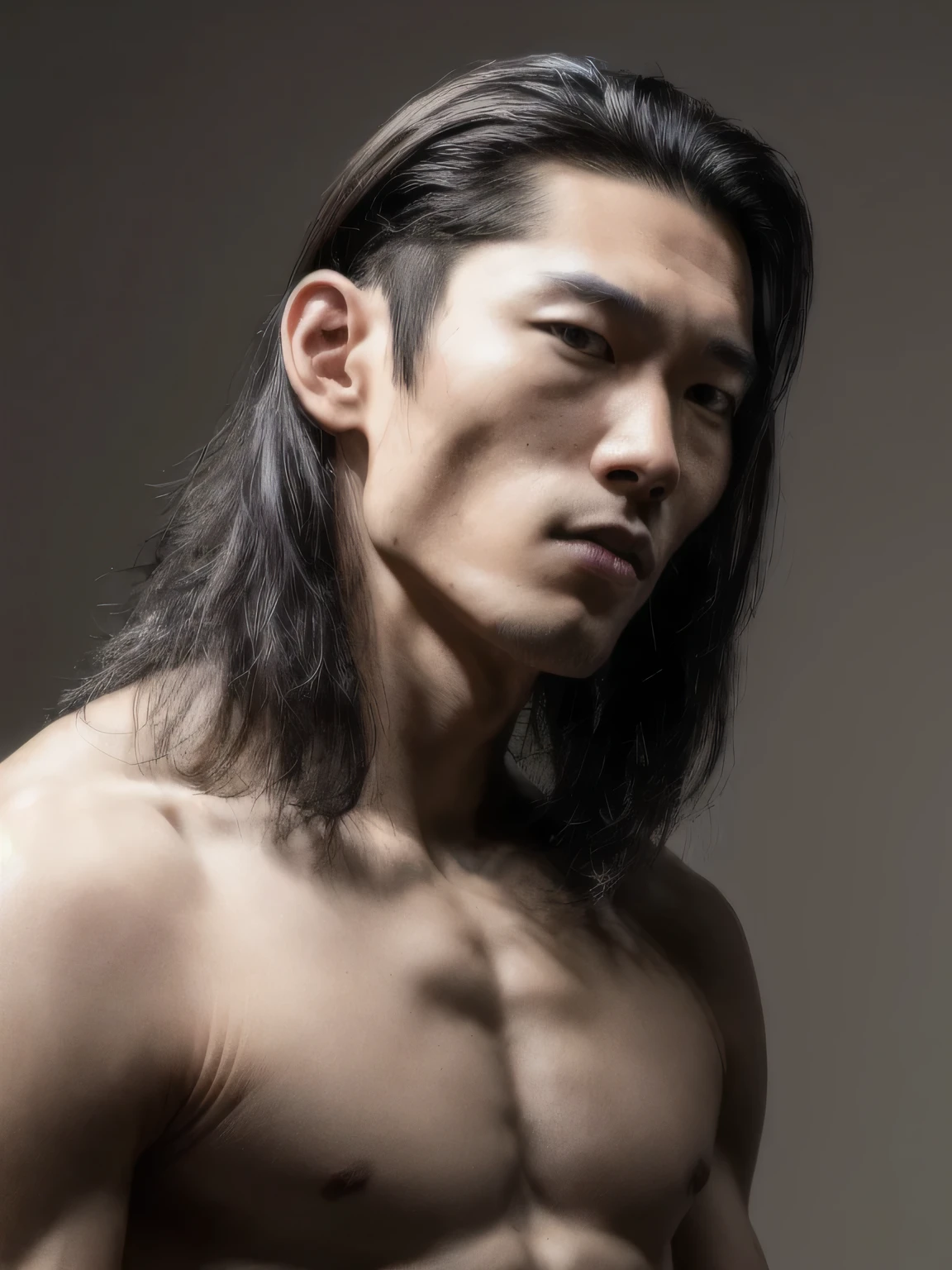 (8k, RAW photo, best quality, masterpiece:1.2), (realistic, photo-realistic:1.37), ultra-detailed, (high detailed skin:1.2), handsome man, asian, young man, pale skin, black eyes, (brunette black long hair:1.3) brutal, 8k uhd, dslr, soft lighting, high quality, film grain, Fujifilm XT3, professional lighting,