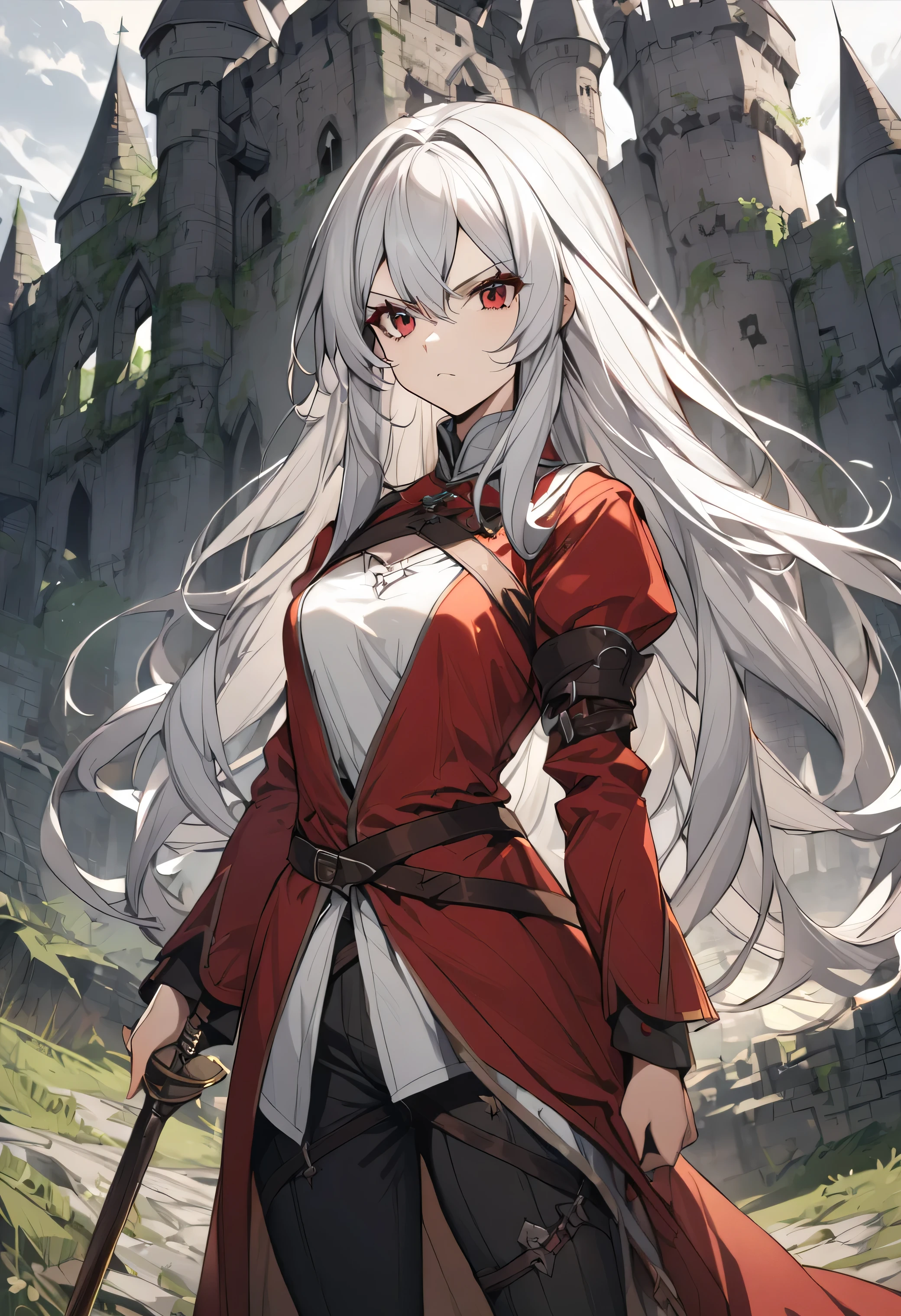 1girl, white hair, red eyes, long hair, slim body, medieval, fantasy, white shirt, red coat, black pants, rapier, abandoned castle, serious expression