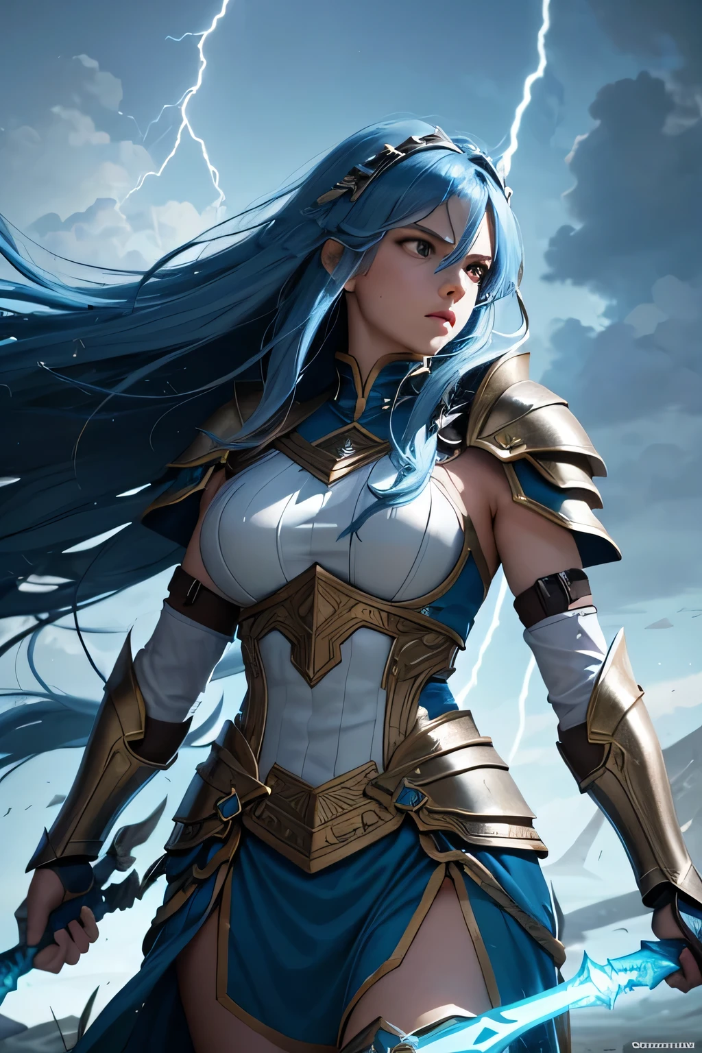 A long BLUE-haired Valkyrie clad in gleaming armor stands courageously on a divine battlefield. The background is illuminated by flashes of lightning, highlighting the intensity of the fierce combat surrounding her. She wields a powerful spear, her gaze fierce and determined as she leads the charge against formidable foes. The sky is a bright blue, contrasting with the dark storm clouds, creating a dramatic daytime scene,(((upper body)))
