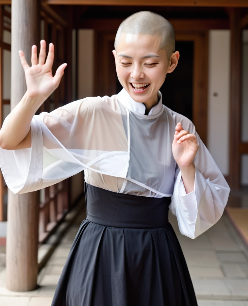 Japanese nun in a transparent robe、monastery、Shaved hair、Shaved Head、Touching the body、Ecstatic expression