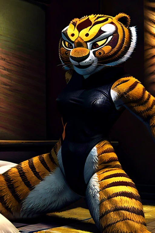 A detailed, muscular Tigress from Kung Fu Panda in a DreamWorks animated style, a girl with a 3:1 hip to leg ratio wearing a leotard, lying in bed in a bedroom, extremely detailed facial features, cinematic lighting, photorealistic, 8K, hyper detailed, masterpiece