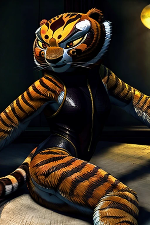 A detailed, muscular Tigress from Kung Fu Panda in a DreamWorks animated style, a girl with a 3:1 hip to leg ratio wearing a leotard, lying in bed in a bedroom, extremely detailed facial features, cinematic lighting, photorealistic, 8K, hyper detailed, masterpiece