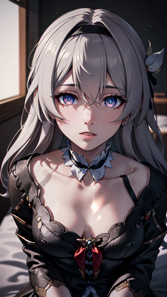 (masterpiece, best quality, absurdres), high quality, highres, ultra detailed, intricate, cinematic lighting, wallpaper, soft lighting, night, night light, close-up, looking at viewer, beautiful woman, 1girl, parted lips, Firefly honkai starrail, firefly HSR, small breasts, grey hair, black bow, hair bow, long stright hair, detailed gradient eyes color, gradient blue and red color eyes, ((Super Realistic Detailed Eyes, glowing eyes)), in bedroom, sitting on the bed, wearing a black nightgown, black nightgown, nightgown, focus on face