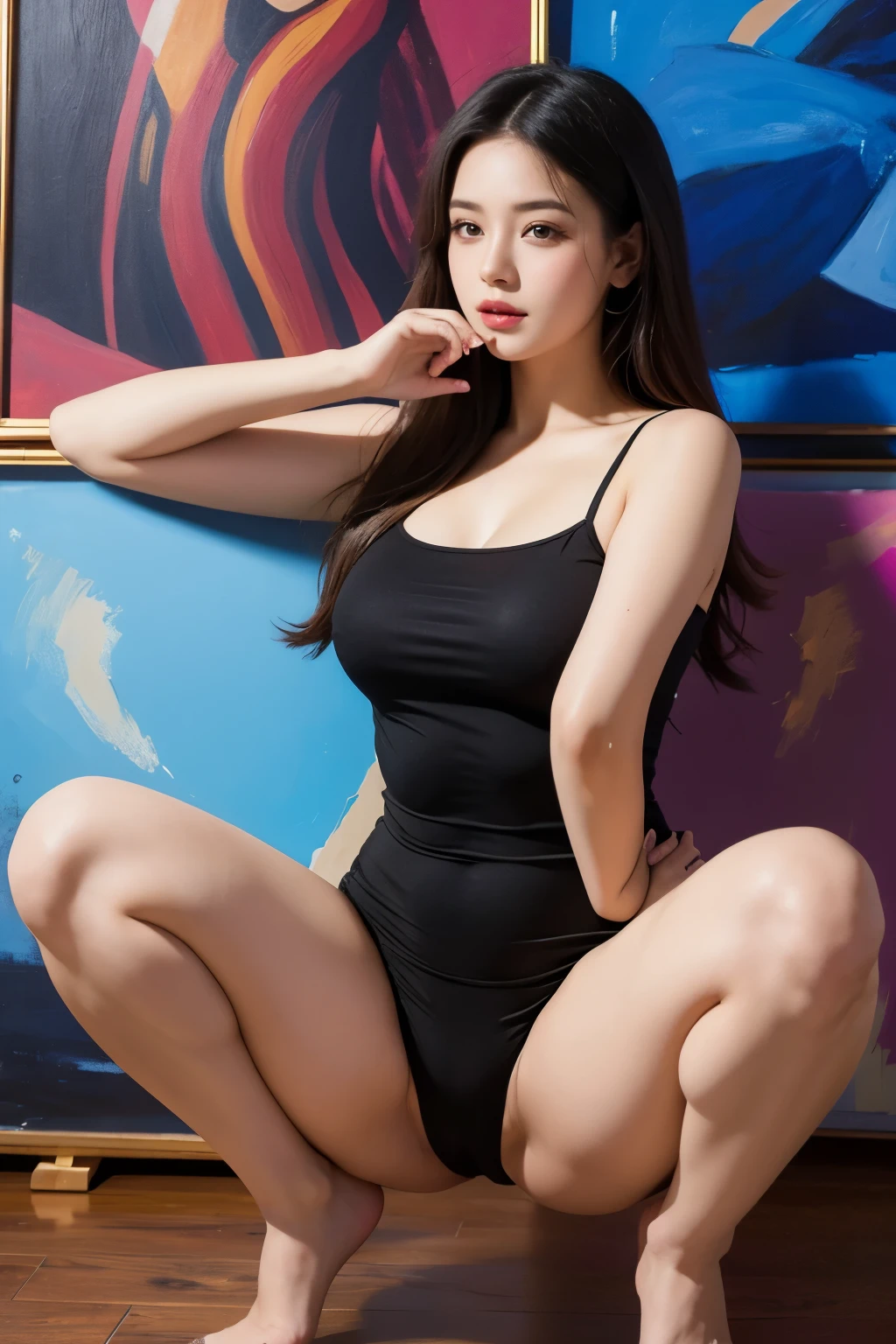 The painting shows a beautiful girl with a curvy figure doing a split.