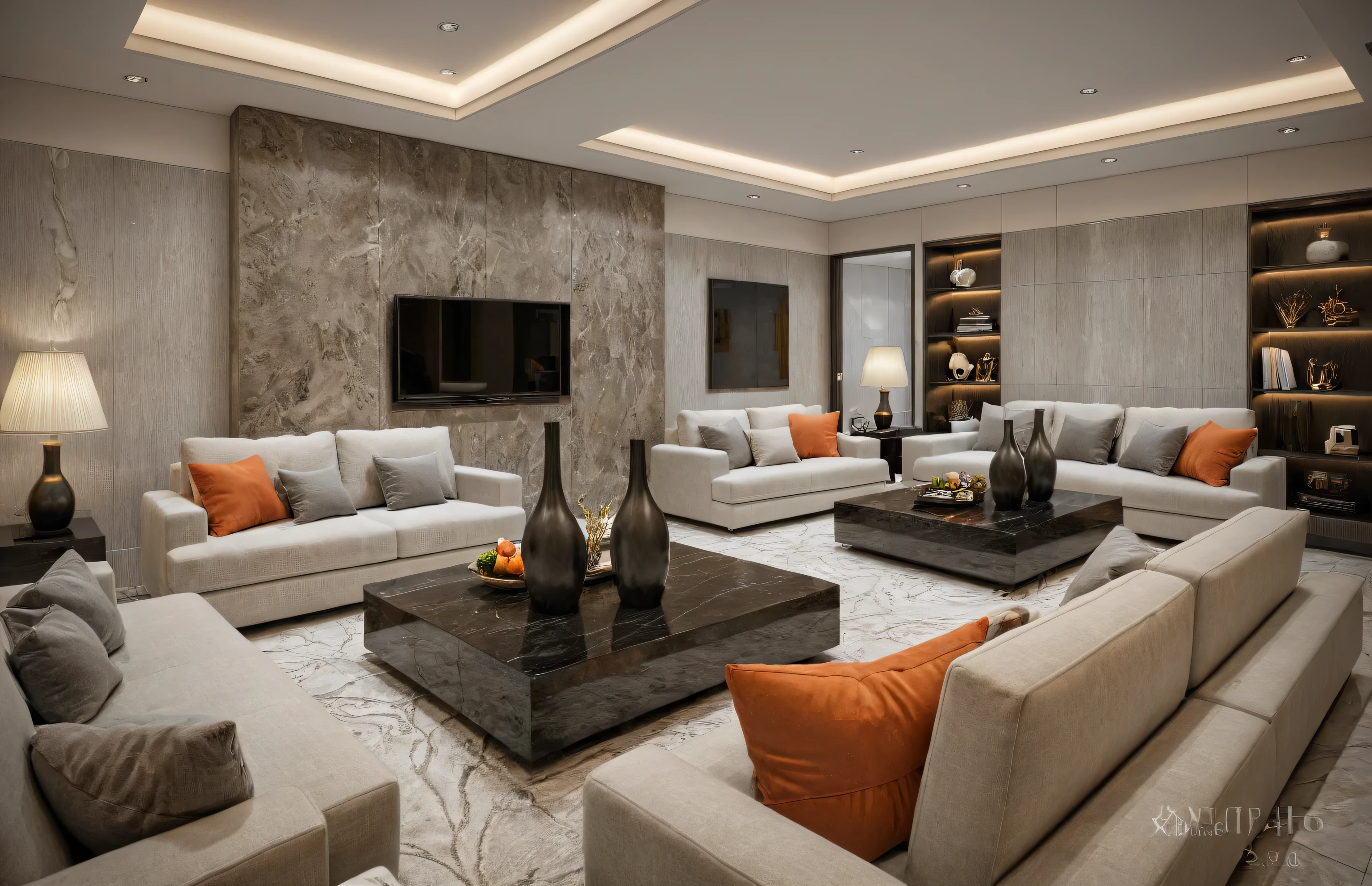 (RAW photo, masterpiece, best quality,ultra-detailed, extremely delicate and beautiful, highresolution, best shadow:1.1), modern living room, bright sofa, reflective floor, shag carpet, tv, marble wwall, orange pillow, book shelf, ceiling light, wwhite ceiling, plant and flower, interior lighting,
realistic lighting