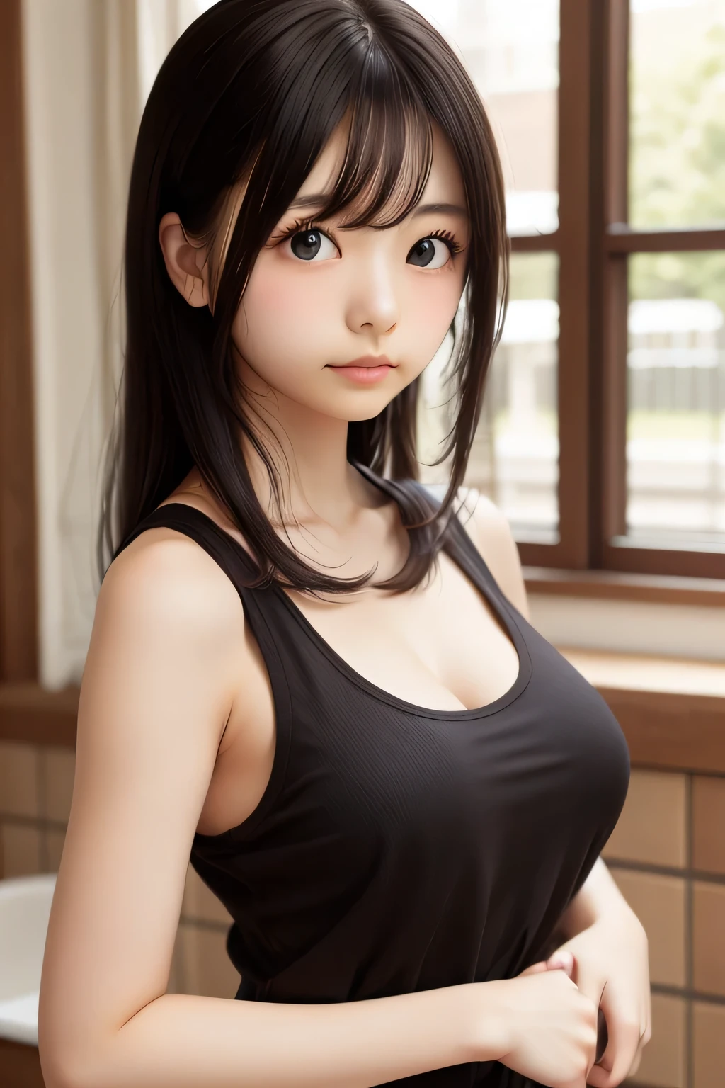 Highest quality、Tank top、、low length、、bangs、Long Black Hair