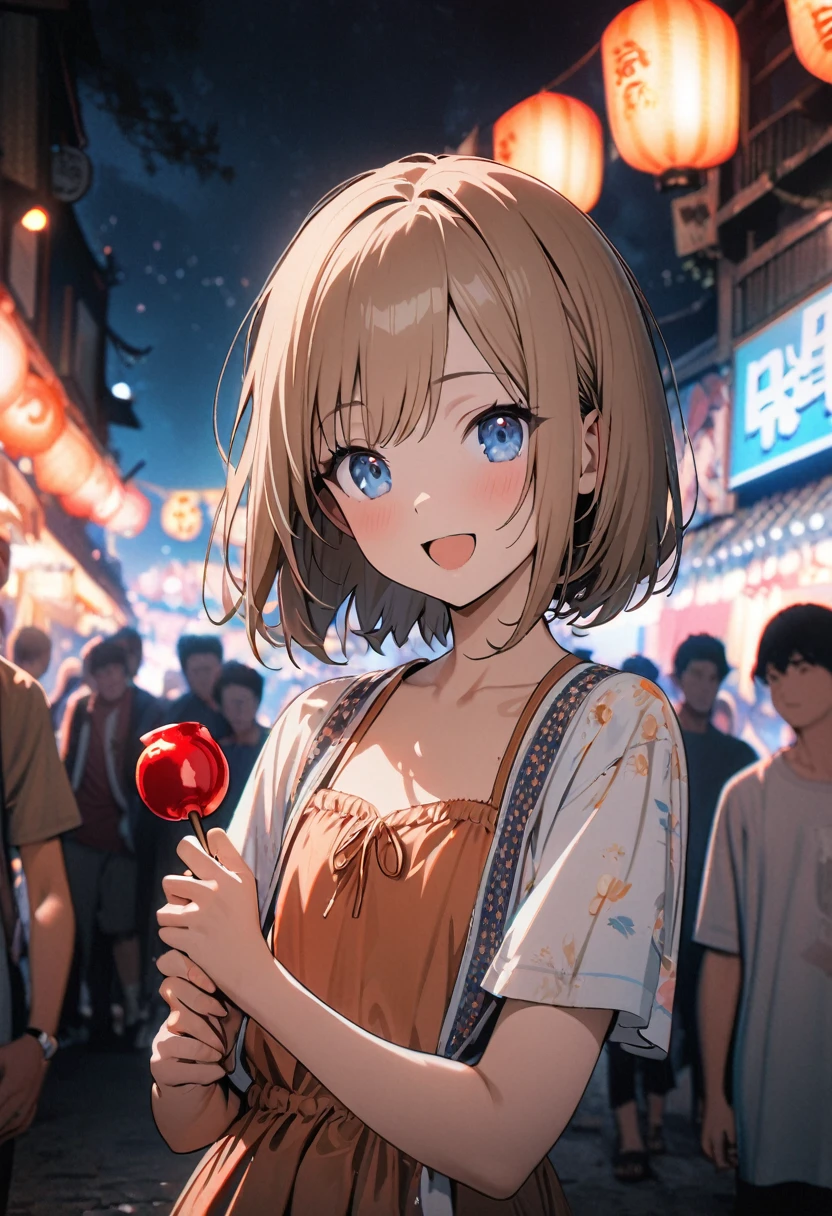 1 girl, 18yo, (flat chest: 1.5), blue eyes, light brown hair, bob cut, summer outfit, smile, open mouth, standing, upper body, (various pose:1.5), summer festival, holding candy apples with stick, crowd, night, 8k, RAW photo, best quality, masterpiece, extremely detailed 8k wallpaper, ultra-detailed, best shadow, detailed background, beautiful detailed face, beautiful detailed eyes, nice hands, perfect hands