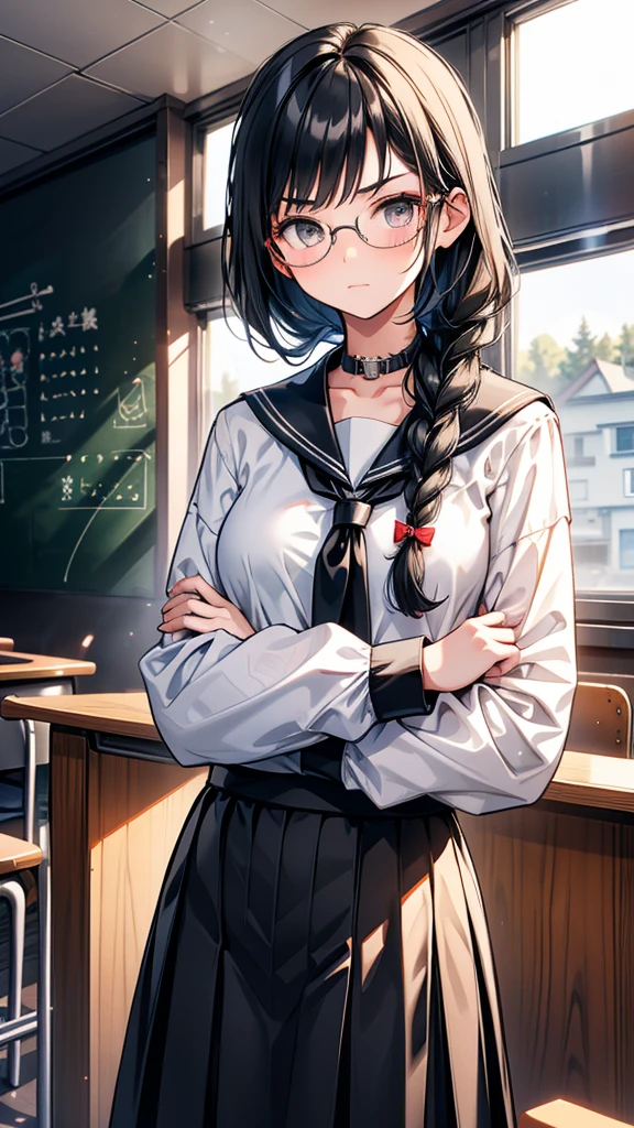 high school student　Mature　Braid on right shoulder　Black Hair　tall　Narrow eyes　Glasses　Expressionless　Glare　frivolous attitude　Country-style black sailor suit　Nagoya collar　Long skirt　stand　Cross your arms　Rural classroom