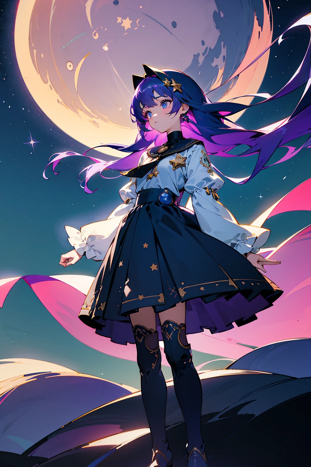 Masterpiece, 8k, a girl with flowing dark purple hair and bright cyan eyes, wearing a light grey blouse with moon and star embroidery, a navy blue skirt, and knee-high boots. The setting is a dreamy night sky with twinkling stars and a glowing crescent moon. Standing on path.






