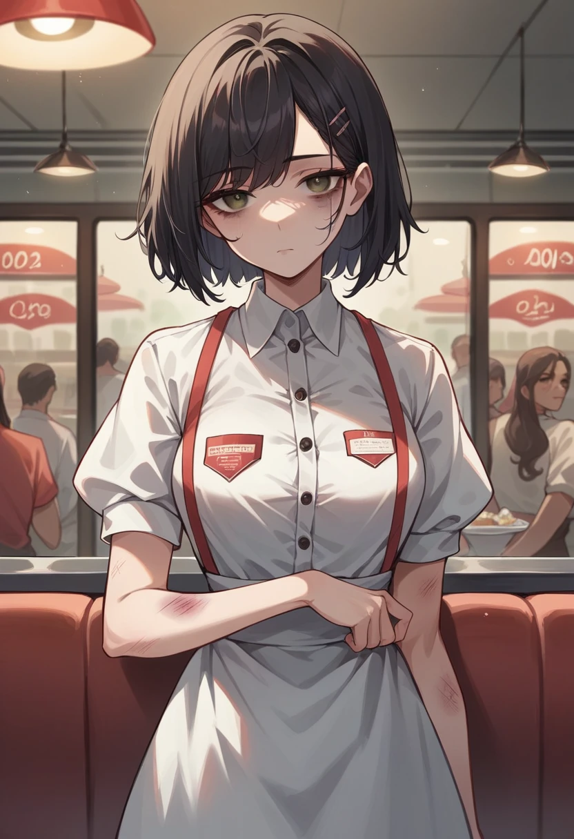 Illustration, 24 year old woman, medium black hair, brown eyes, pretty, tired, bruise on left eye, light bruise on arm, expressionless, waitress outfit, diner, standing, looking at viewer,