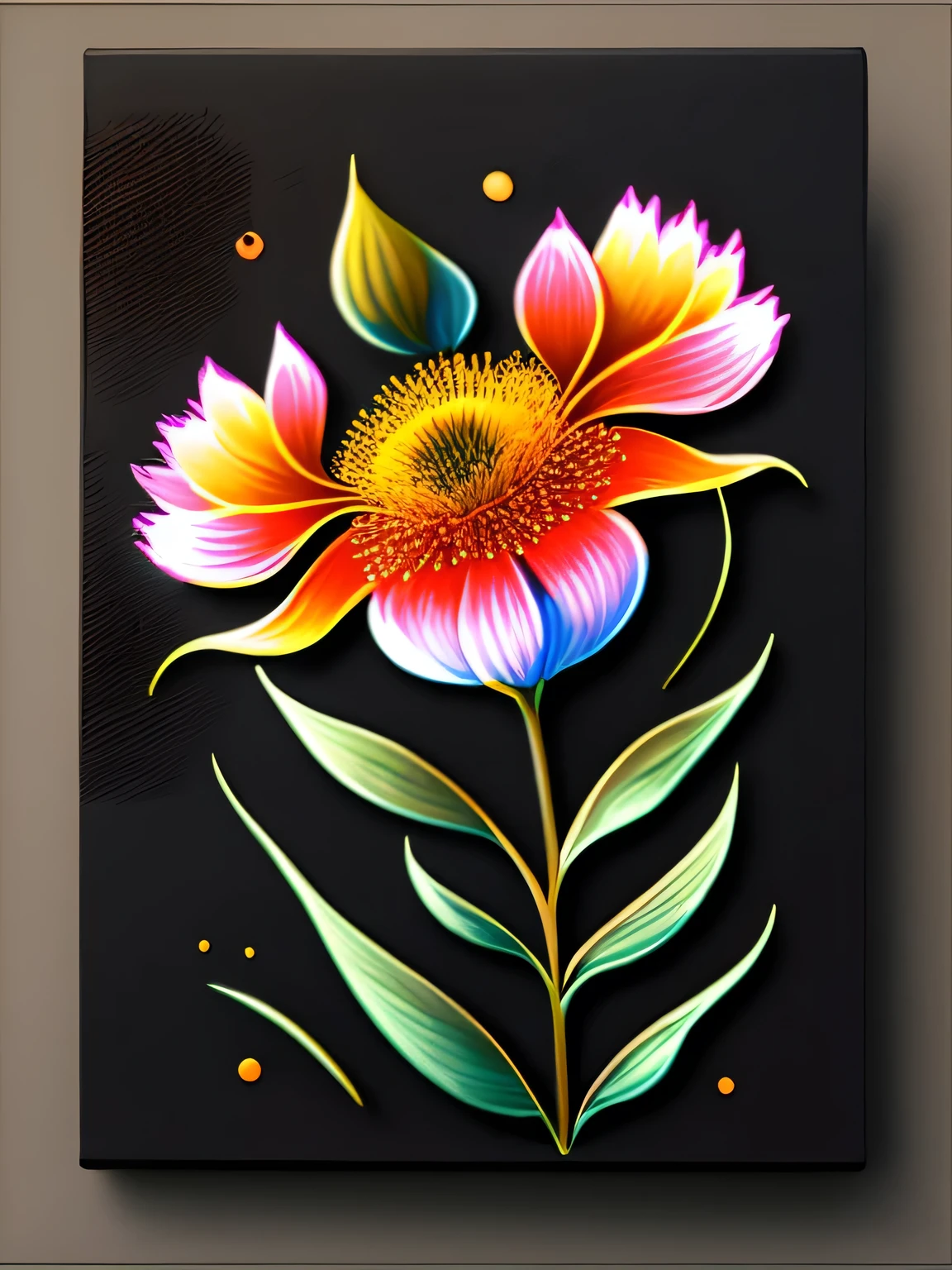 Painting of colorful flowers on a black background,, Amazing render, Within a bright connection, Inspired by Kinuko Y. Nipple process,, magic element, flower icon, wow, It&#39;s beautiful., colorful glyphs, bright flash, flash
