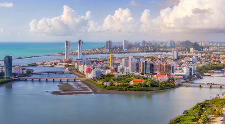 (((best qualityer))),(((ultra detaild))),art Gallery,exhibition, View of the city of Recife, Pernambuco Brazil at dawn.