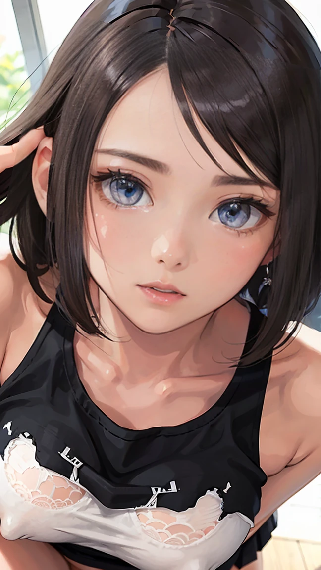 ((((highest quality)))), (((Ultra-precision CG 16K))), (((masterpiece))), (((Very detailed))), (((Extremely detailed))), (((Black outline:1.3, Written boundary depth:1.3 , Written soft outline))), Maximum clarity and sharpness,Multilayer Texture, Surface Shading, Cinematic lighting, Beautiful details sparkle ,Perfect Proportions, Limited to three woman, BREAK accurate, Anatomically correct, Highly detailed face and skin texture, drawn in detail, Highly detailed facial and skin texture, Detailed eyes, beautiful hair, Beautiful Japanese Idol face, Beautiful and beautiful eyes, Beautiful body, Beautiful breasts, Beautiful thighs, Beautiful legs, Beautiful fingers, (Beautiful views) , skinny body, ((Beautiful Skin)), ((Skin Texture)) BREAK breast enlarged, medium Breasts, rocket breasts, (perky breasts), (covered nipples), slender waist, ( narrow eyes, blush, determined expression, hot, sweaty , Heavy breathing,) , (streaked hair, hair intakes, colored inner hair, ) BREAK (((wearing oversized character printed sexy tank top, wearing outfit in casual way, wearing pleats mini-skirt, breasts is covered by outfit))) , wearing earrings, BREAK ( stick breast out),(((looking at viewer, super detailed background , ))), BREAK (((portrait, close up, cowboy shot, looking at viewer, \(face waiting for kiss\):1.3))), BREAK (sitting, a girl Applying Lipstick In front of vanity table Mirror:1.3, natural make),