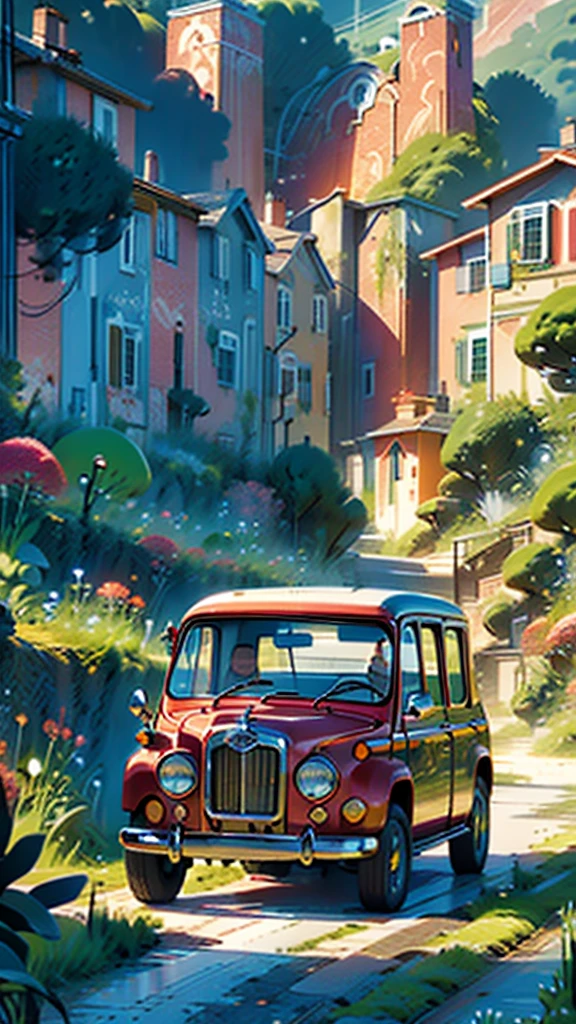 A vibrant illustration of a red vintage car driving along a picturesque rural road surrounded by lush green fields and mountains. The car is packed with colorful bags and books on the roof, and a person is seen smiling in the driver's seat. Above the scene, there is text in a stylized font, adding an artistic touch to the idyllic landscape. The overall atmosphere conveys a sense of adventure and tranquility.