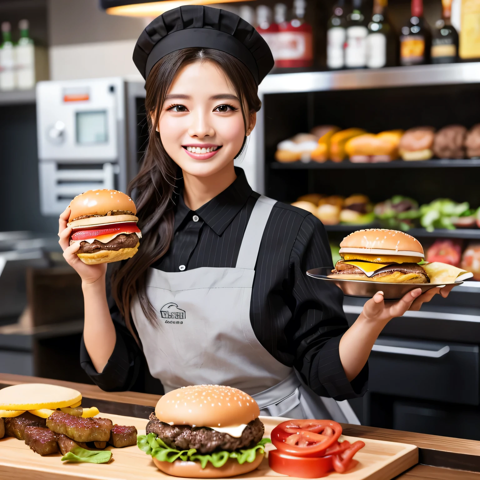 (Tabletop、Highest quality、8k、Award-winning works、Ultra-high resolution)、Beautiful burger shop attendant、(Gray polyester shirt:1.1)、(Elegant black pants:1.1)、(The most accurate and perfect apron:1.1)、Black Hat、(Big Breasts:1.1)、elegant bun、The biggest smile looks at me、Smiling with beautiful teeth、Most of them emphasize the body line.、The most natural and perfect burger shop background、(Everything is perfectly organized、Regularly arranged.:1.1)、(The perfect mouthwatering burger:1.1)、(Mouthwatering perfect authentic fries:1.1)、(Detailed burger with the most realistic texture:1.1)、(A large number of hamburgers neatly arranged:1.1)、Perfectly organized、The most natural burger shop、Blurred Background、Accurate anatomy、Ultra HD Hair、Ultra-high resolution for perfect, beautiful teeth、Ultra-high definition beauty face、Ultra HD Hair、Ultra-high definition sparkling eyes、Shining, Ultra-high resolution beautiful skin、Ultra-high resolutionの艶やかな唇、Elegant makeup、(He is elegantly carrying a tray with burgers and drinks..:1.2)