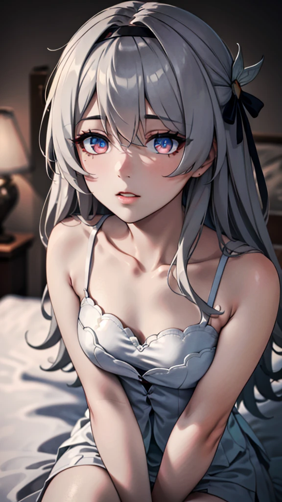 (masterpiece, best quality, absurdres), high quality, highres, ultra detailed, intricate, cinematic lighting, wallpaper, soft lighting, night, night light, close-up, looking at viewer, beautiful woman, 1girl, parted lips, Firefly honkai starrail, firefly HSR, small breasts, grey hair, black bow, hair bow, long stright hair, detailed gradient eyes color, gradient blue and red color eyes, ((Super Realistic Detailed Eyes, glowing eyes)), in bedroom, sitting on the bed, wearing a white nightgown, white nightgown, nightgown, focus on face, cowboy shot,