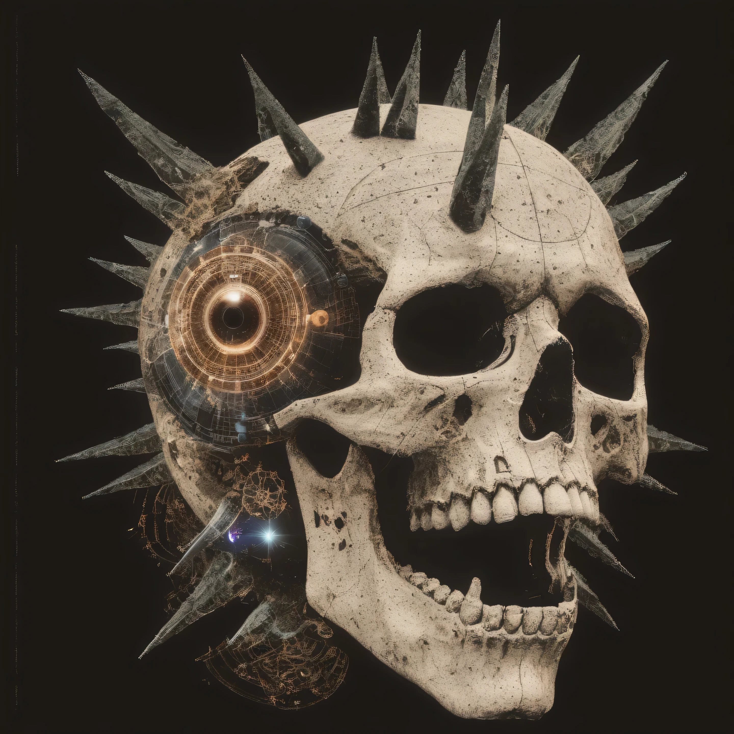 Skull with universe in the eyes technology, magic, hieroglyphs reality