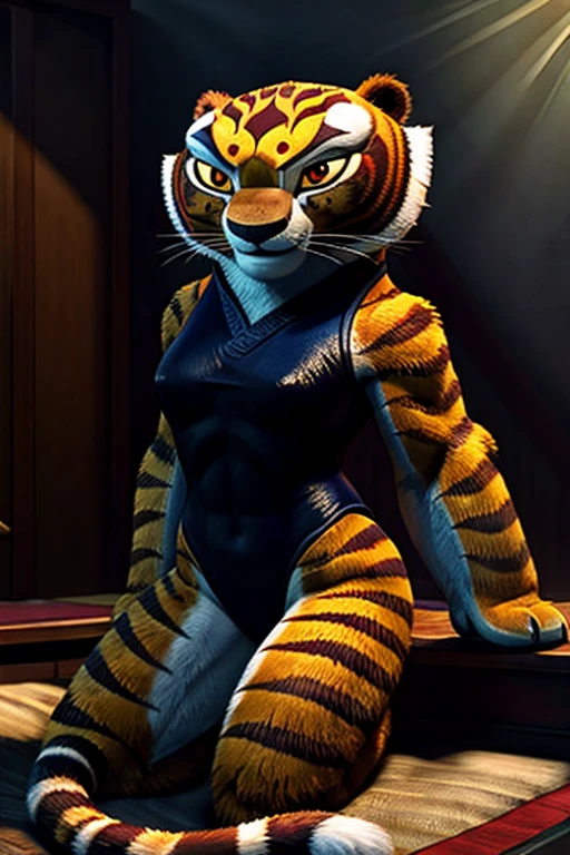 A detailed, muscular Tigress from Kung Fu Panda in a DreamWorks animated style, a girl with a 3:1 hip to leg ratio wearing a leotard, lying in bed in a bright bedroom, extremely detailed facial features, cinematic lighting, photorealistic, 8K, hyper detailed, masterpiece
