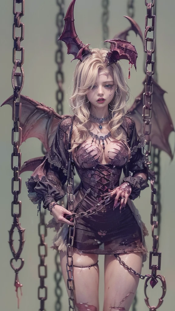 (32K:1.5, Dark fantasy:1.4, Highest quality, masterpiece, Ultra-high resolution), Perfect dynamic composition:1.3, Horror, chaos, Inside the Dark Castle:1.3, Prisoner, slave, Demonic, Dark Demon World, Execution, (Detailed tattoos on the whole body:1.4, wearing exquisite jewelry:1.4), Very detailedな肌と顔の質感:1.3, Very accurate, Very detailed, (Sexy succubus demon with big wings:1.3, Incredibly slim body:1.3, beautifully、aesthetic:1.3), Horn, Fair skin, Sensual posture, Thick collar, ((Putting Badly Torn Clothing Back on Properly:1.3)), Medium chest, (Big eyes that exude eroticism:0.4, Feel the caress:1.0, Open your mouth a little, lipstick, Feel the eroticism:0.9, Too sexy:0.9, charm的な:0.9), ((Bloody:1.5, Covered in scars:1.5, Necrosis:1.6, Lots of chains:1.6, Countless chains tangled in clothes:1.6, Chain your right arm:1.5, Chain the left arm:1.5, The right leg is bound with a shackle and chain:1.5, The left leg is bound with a shackle and chain:1.5)), Super long blonde curly hair, Earrings, necklace, bracelet, romantic, mysterious, elegant, Object of admiration, original, Brutality, dramatic, Stimulate, artistic, Innovative, charm, Heartful, Fancy, sense of openness, sense of cleanliness, special, exciting, grotesque, Extreme, Tilt, sense of loss, sorrow, sorrowの表現, ((悪魔のcharm, 女性的なcharm))