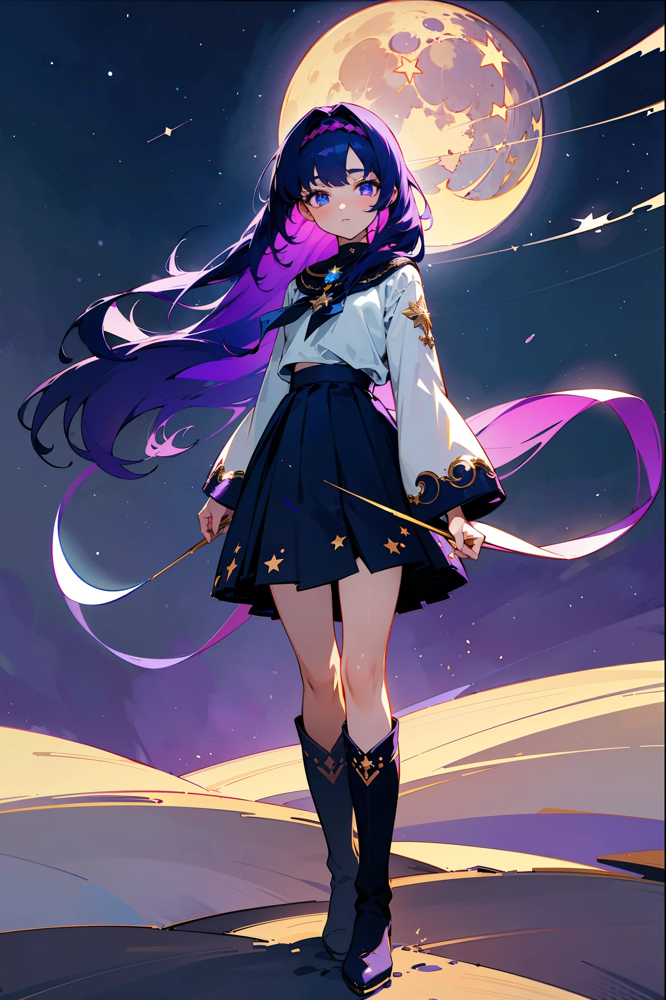 Masterpiece, 8k, a girl with flowing dark purple hair and bright cyan eyes, wearing a light grey blouse with moon and star embroidery, a navy blue skirt, and knee-high boots. The setting is a dreamy night sky with twinkling stars and a glowing crescent moon. Standing on path.
