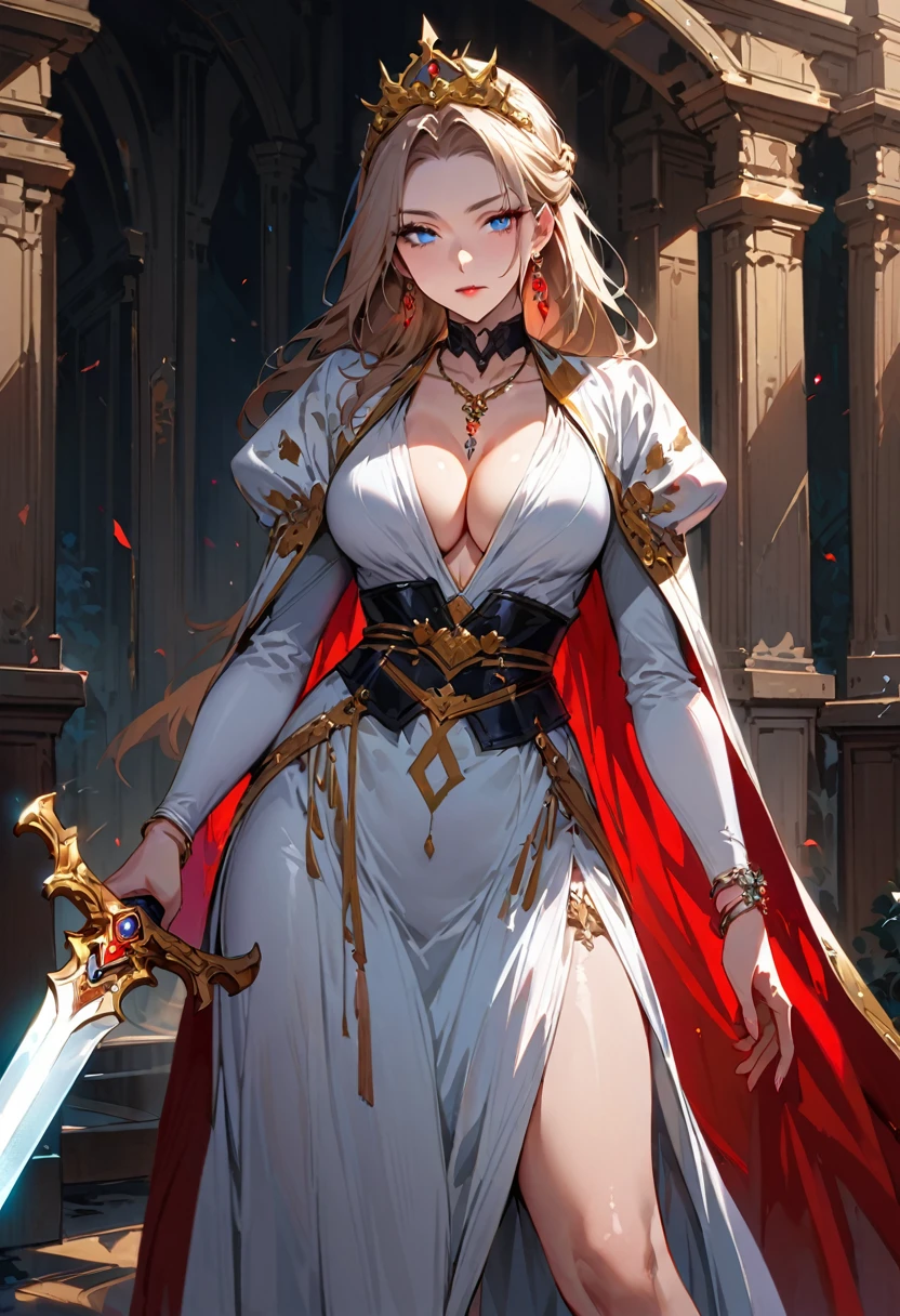 1 young beautiful woman,(Highest quality,Extremely detailed depiction,Incredibly absurd high resolution,Anatomically accurate depiction,Curvy Legs),(Glowing Skin,Shiny skin),(A female swordsman with a noble air),(A noble outfit,Holy sword,tiara,Cape,White tights),(Blue Eyes,Detailed pupil,Half-closed eyes:1.3,Shadowed face,lipstick,There is cleavage in the chest,Cool look),eyelash,Luxury accessories,Earrings,necklace,Bracelet,Standing posture