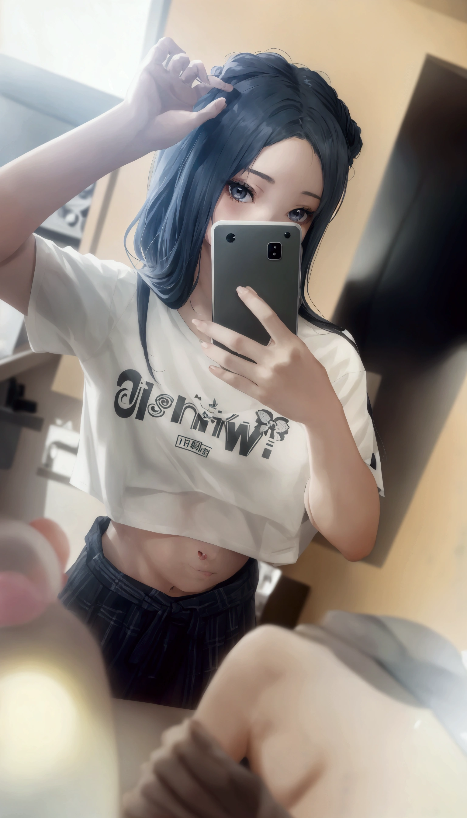 A woman is taking a selfie in the mirror, 破れたクロップT-Shirts, Crop top, 2263539546], Ulzzang, 1 8 is, Low quality photos, 👅 👅, 2 4-year-old female model, T-Shirts, Chiho, Gray hair black hair, 20-year-old, Two 0&#39;s