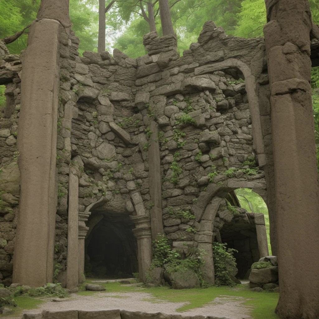 ancient overgrown ruins, medieval gates, runestones, magic forest, fantasy, 4K