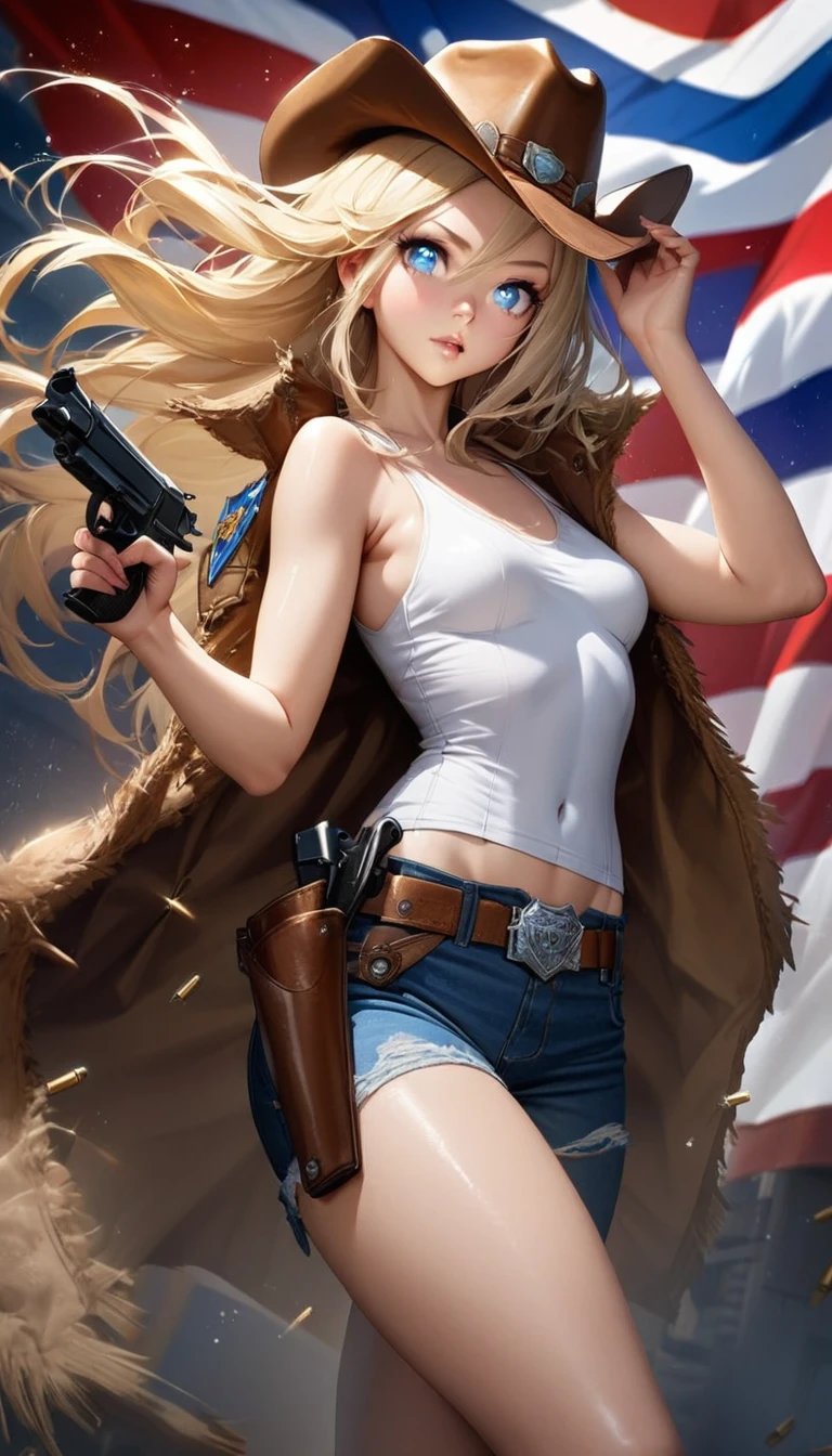 1 girl, masterpiece, macross delta splash art, Highest quality, White tank top, abdomen, short blue jeans, Small breasts, Cowboy hat, hip gun holster, Very sophisticated gun, Realistic guns, Colt Peacemaker in hand, Point the gun forward, Sheriff Badge, Bullets on the belt, Brown leather duster, Leather overcoat, Detailed eyes, Sparkling eyes, Beautiful Hands, Extremely elaborate hands, straight hands, Glowing Skin, Shiny Hair, blue eyes, Light blonde hair, expensive, Long Hair, Straight hair, whole body, United States Flag