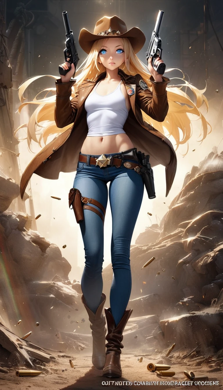 1 girl, masterpiece, macross delta splash art, Highest quality, White tank top, abdomen, short blue jeans, Small breasts, Cowboy hat, hip gun holster, Very sophisticated gun, Realistic guns, Colt Peacemaker in hand, Point the gun forward, Sheriff Badge, Bullets on the belt, Brown leather duster, Leather overcoat, Detailed eyes, Sparkling eyes, Beautiful Hands, Extremely elaborate hands, straight hands, Glowing Skin, Shiny Hair, blue eyes, Light blonde hair, expensive, Long Hair, Straight hair, whole body, United States Flag
