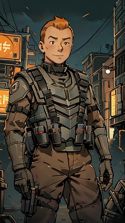 (8k),(masterpiece),(Japanese),(1man,Tintin),(starship troopers armor),(gloves, armor, shoulder patch, bulletproof vest, military,),From the front,smile,cute,Innocent,Kind eyes,Flat chest, short hair,orange hair,night,dark, Neon light cyberpunk city