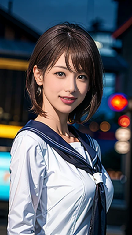 (8K、Raw photography、top-quality、​masterpiece:1.2)、(realisitic、Photorealsitic:1.37)、ultra-detailliert、超A high resolution、女の子1人、see the beholder、beautifull detailed face、A smile、Constriction、(Slim waist) :1.3)、Beautiful detailed skin、Skin Texture、Floating hair、Professional Lighting、big breasts,a sailor suit、In the street、natta、Neon Street、Urban in Asia、Bob Hair、Happy smile,upper body,