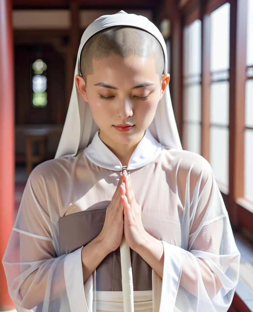 Japanese nun in a transparent robe、monastery、Shaved hair、Shaved Head、Touching the body
